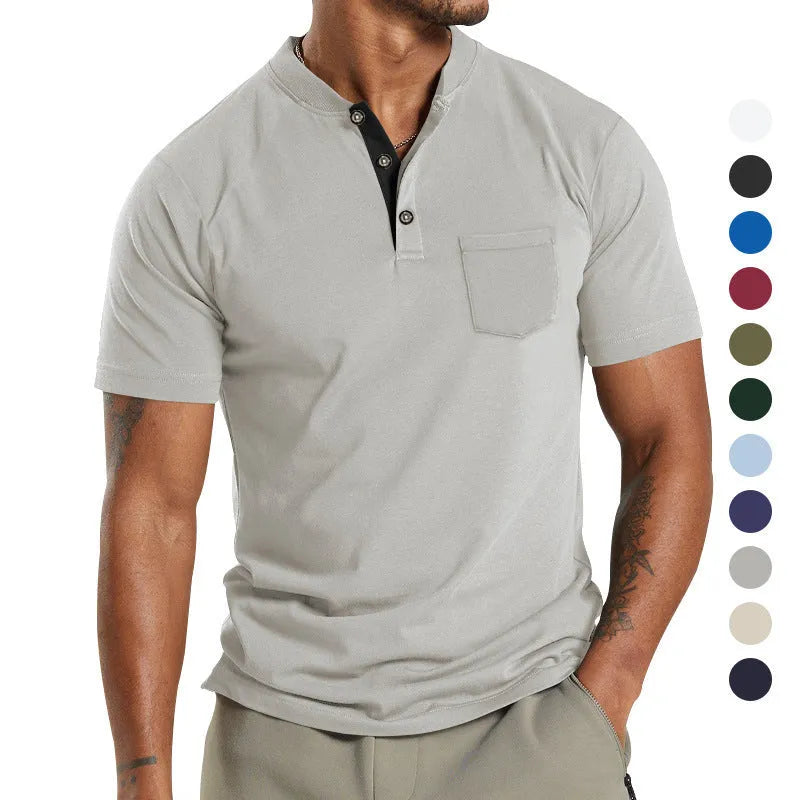 Men's plus size short sleeve button-down shirt in light khaki with a chest pocket.