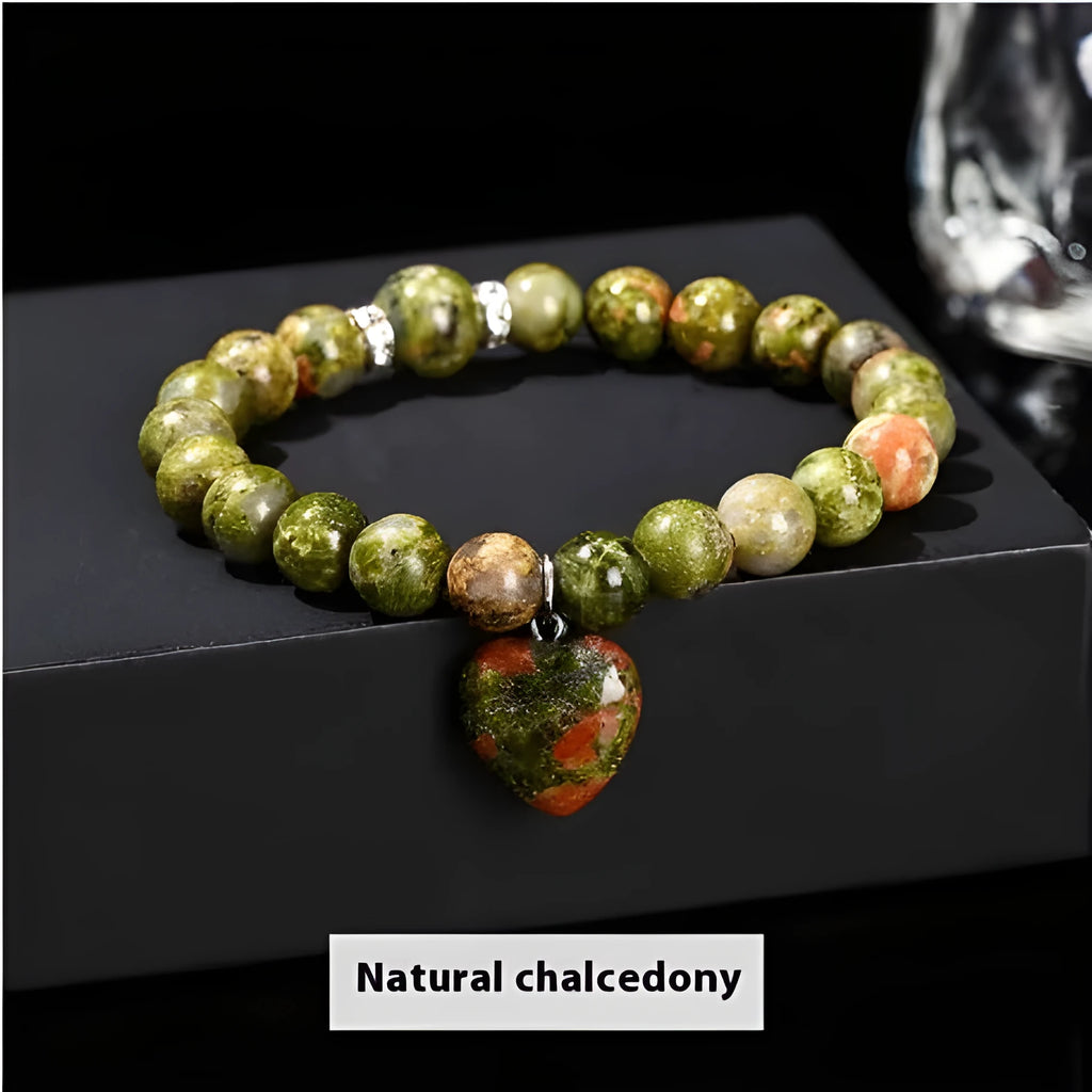 Handmade natural crystal bracelet with six stone types in geometric round beads, showing 8mm and 10mm purity size options