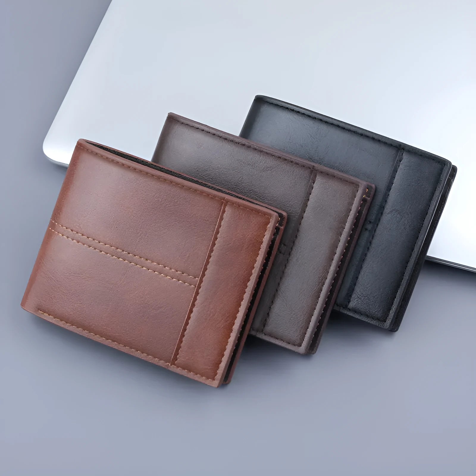 New men's short clip multifunctional coin purse in solid colour PU leather with stitched detailing, black colour option