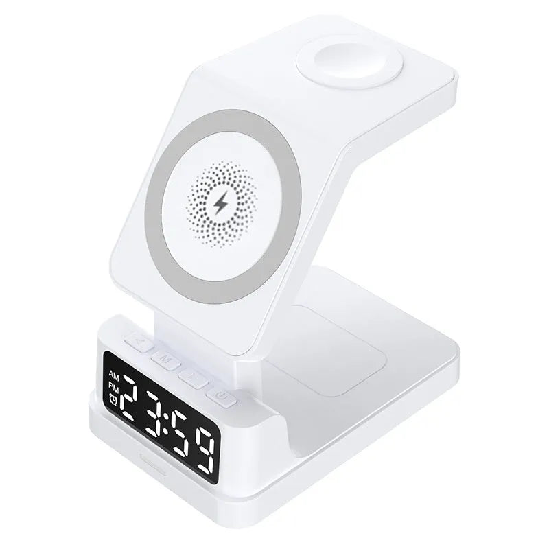 Black magnetic three-in-one wireless charger with clock and three charging pads on a desk