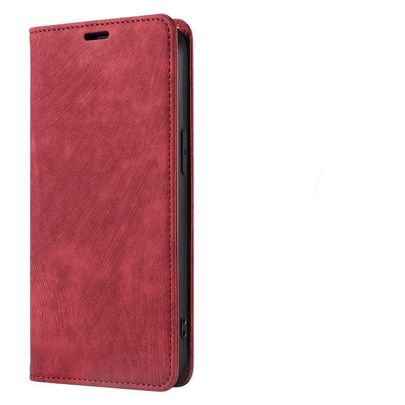 Magnetic flip leather phone case for iPhone in assorted solid colours, showing closed and open views.