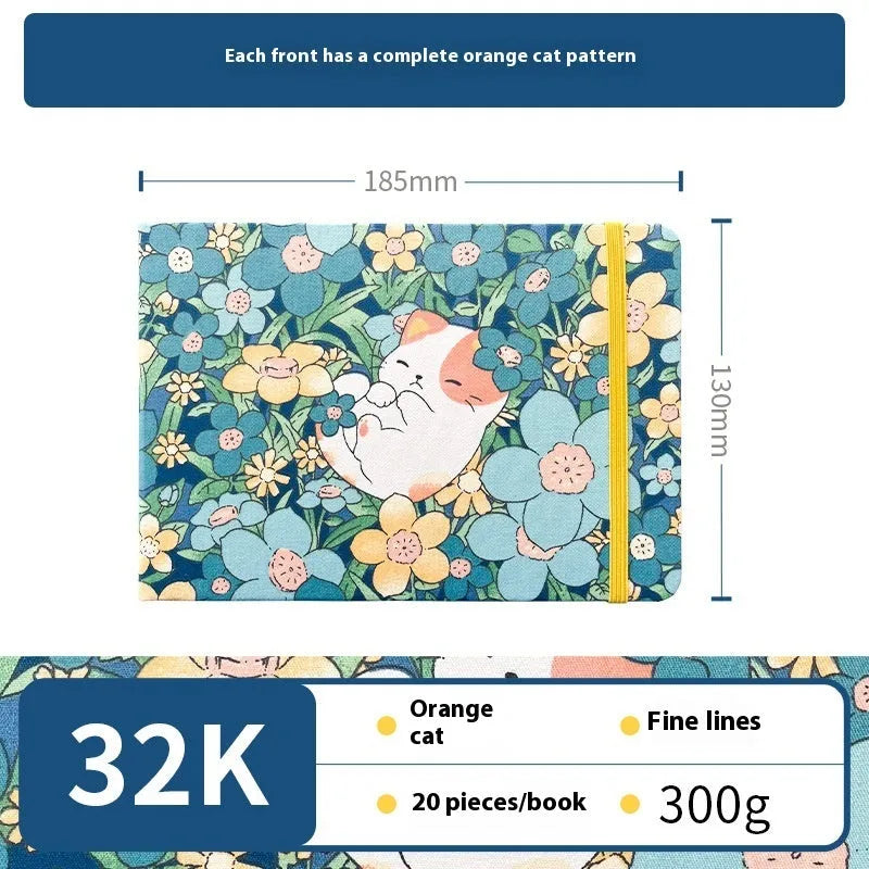 Feiluniao handmade fabric watercolour notebook with illustrated cover, open to show blank paper pages.