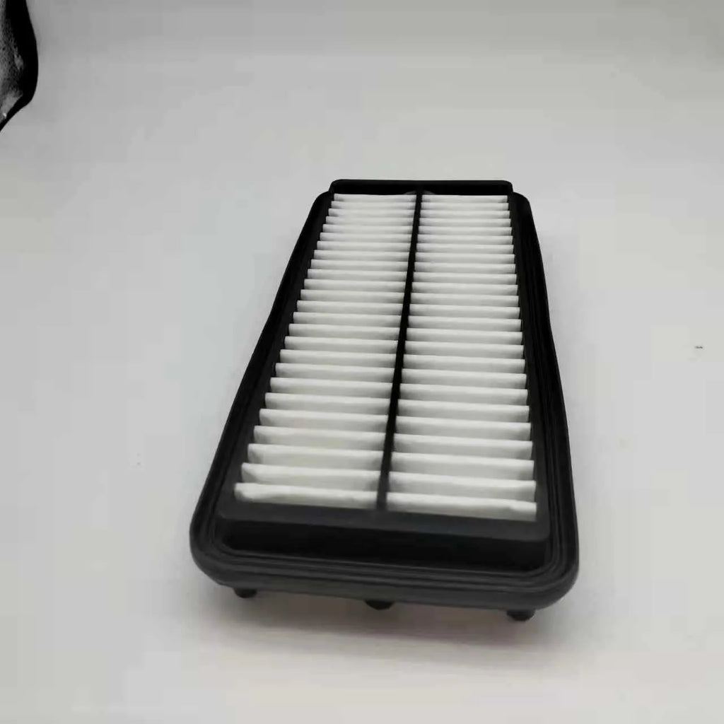 Black rectangular car air filter measuring 256mm by 113mm by 40mm dimensions