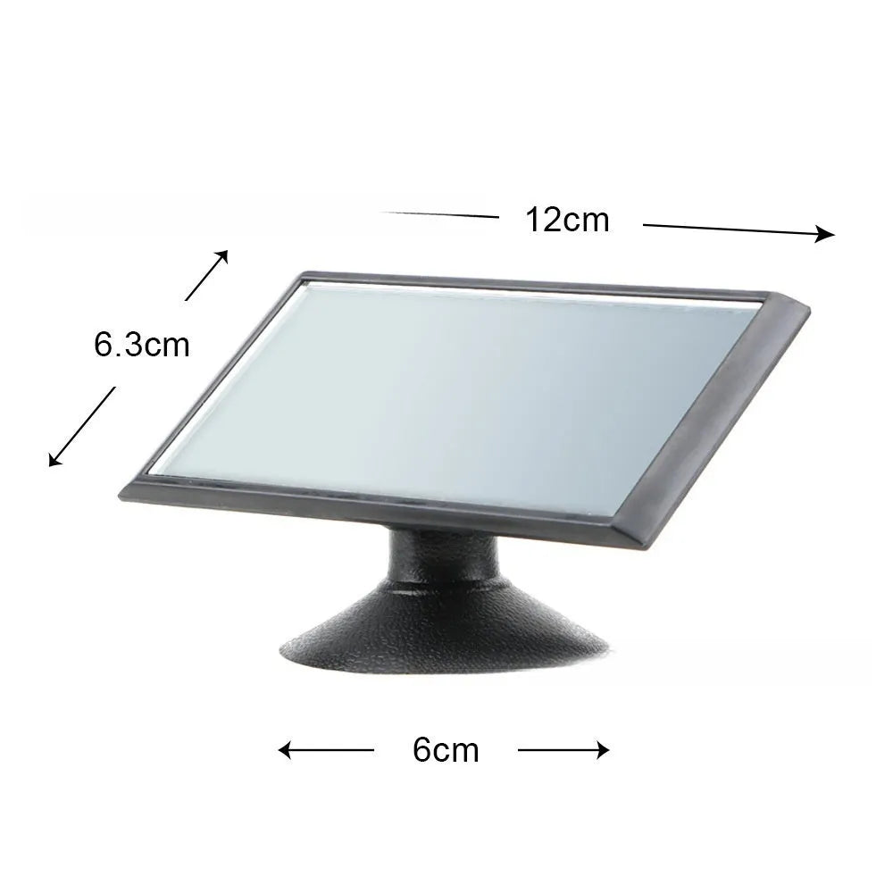 Black 360-degree rotating car rearview mirror with sucker attachment on windscreen
