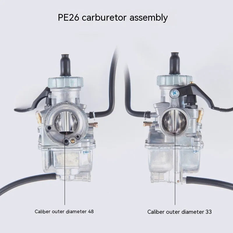 Motorcycle carburetor assembly showing flat suction plunger design for engine parts replacement