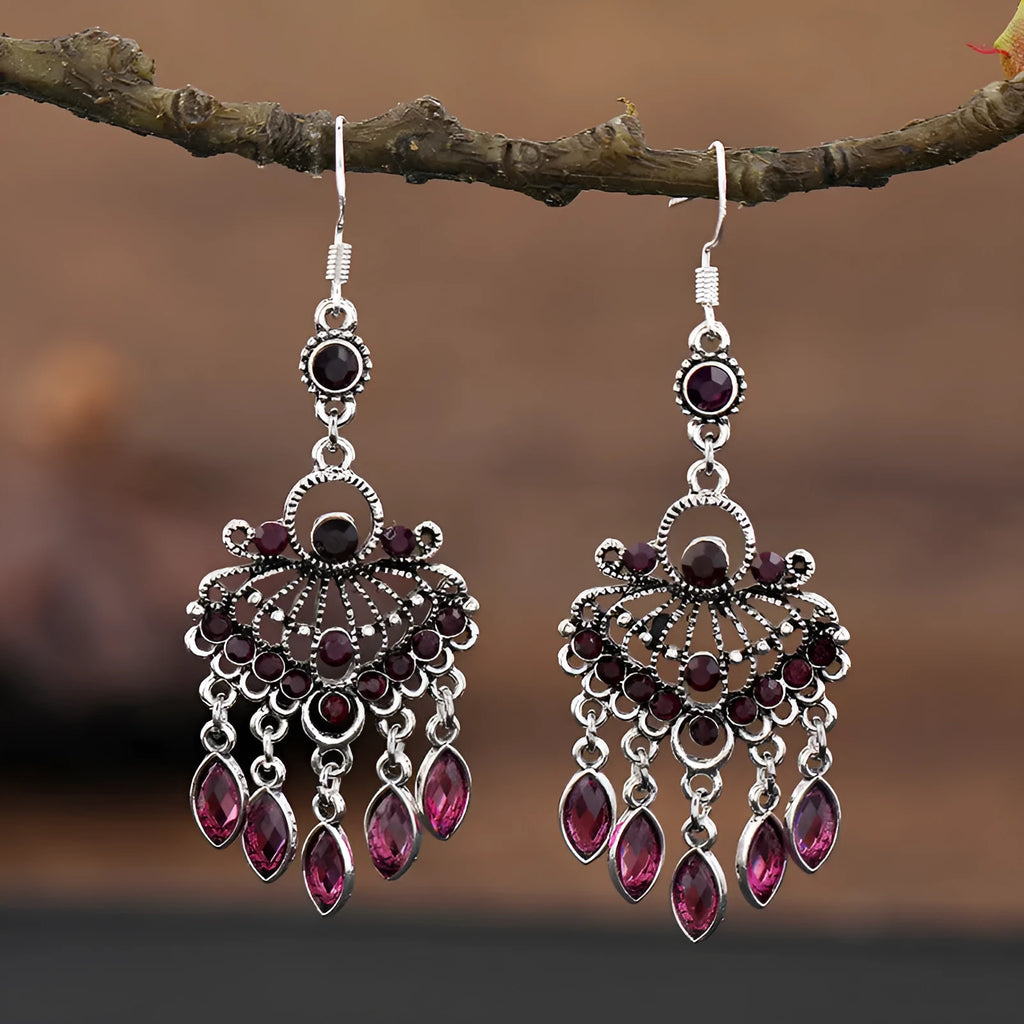 Retro long fringe drop earrings in Smart Water Drop Purple colour with alloy construction.