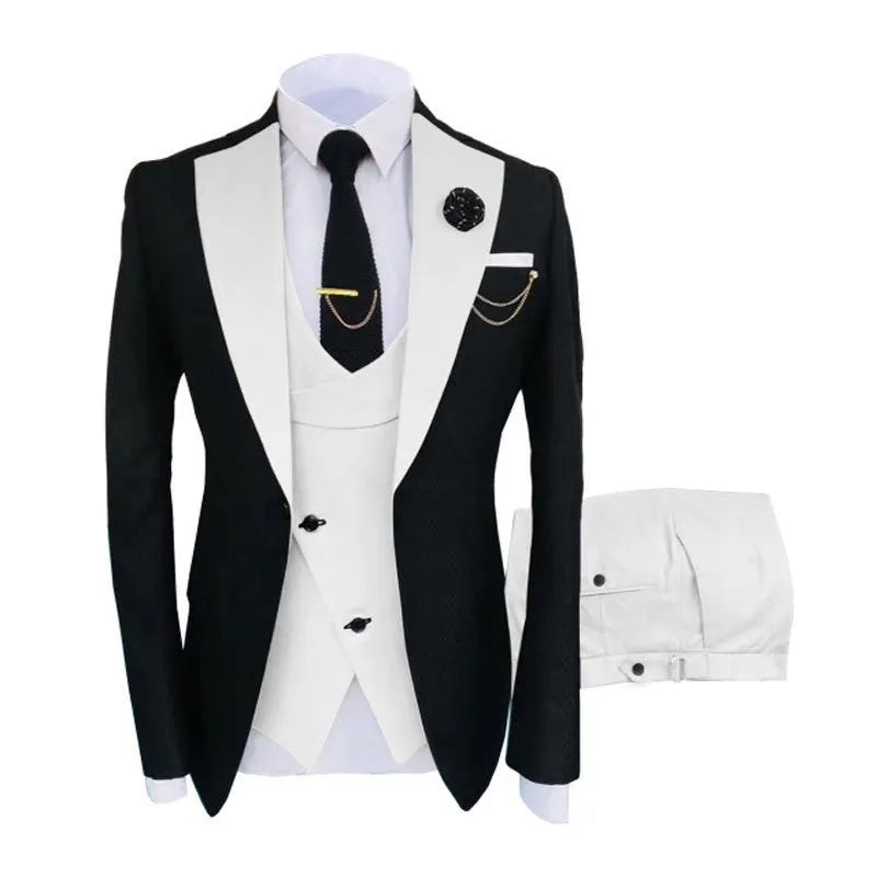 Men's slim fit three-piece suit in a light business style with coat, vest, and trousers