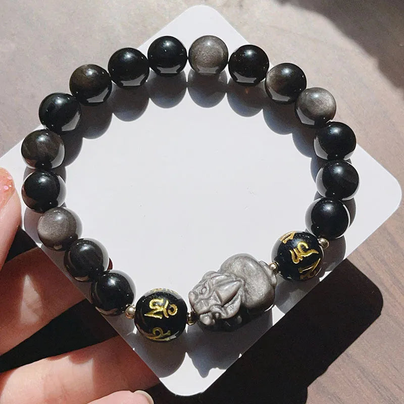 Men's Natural Silver Stone bracelet with zodiac charm and proverb beads in Chinese style.
