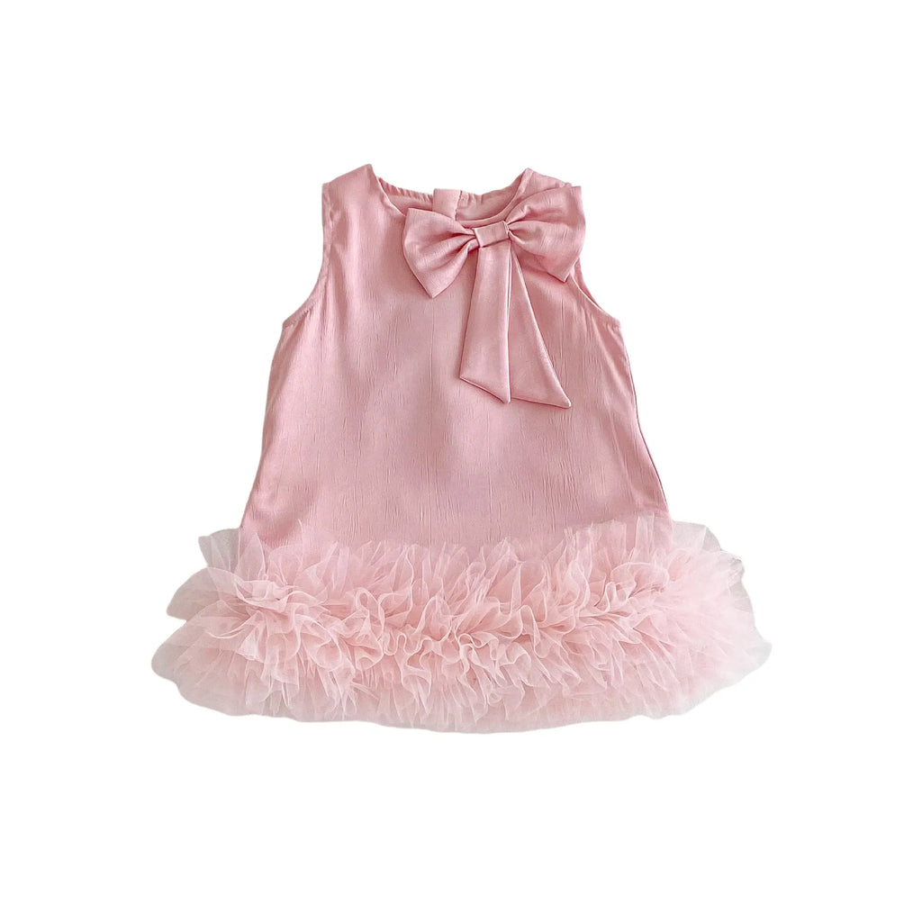 Children's Korean-style solid colour polyester dress with bow in cream rice shade for heights 73-120 cm