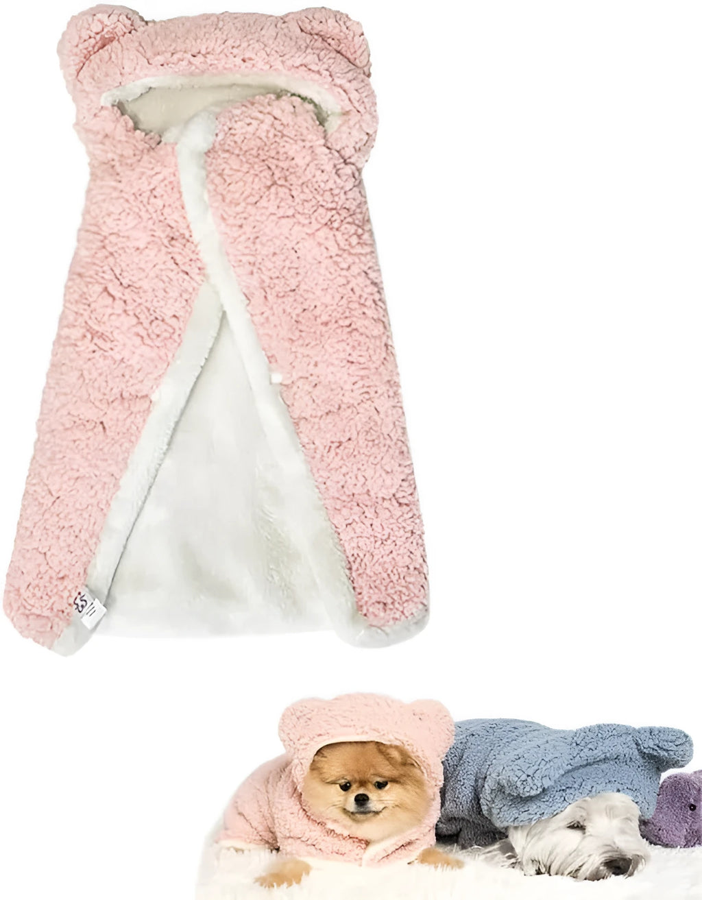 Teddy bear polar fleece pet cape blanket with hood for dogs cats, available in brown gray pink sizes S M L