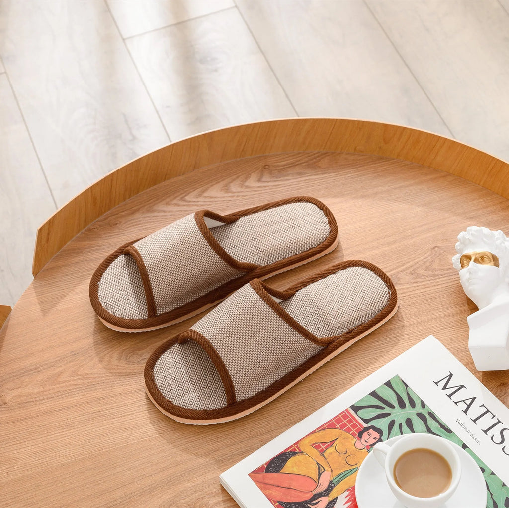 Women's open-toe cotton linen slippers in various colours with thickened soles
