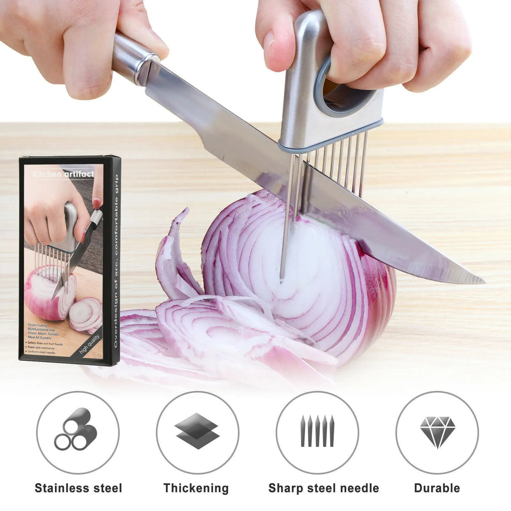 Stainless steel onion holder with sharp prongs and finger guard for cutting vegetables