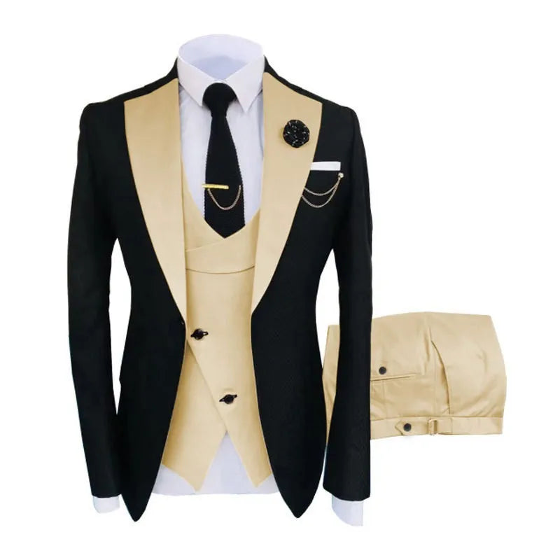 Men's slim fit three-piece suit in a light business style with coat, vest, and trousers