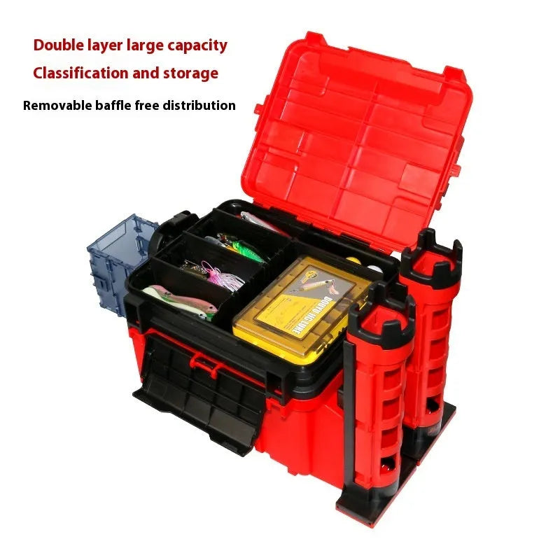Portable double-layer ABS fishing box in blue with compartments, pole holder, and cup holder