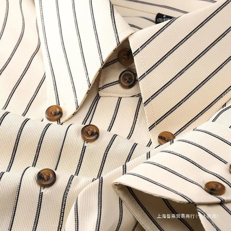 Coffee coloured striped men's long-sleeved shirt with slim fit on a hanger.