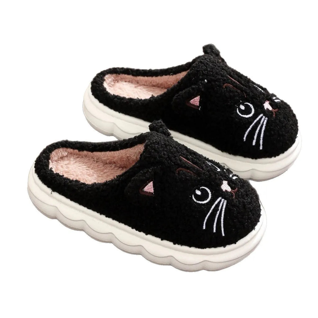 Cartoon cat fluffy slippers with plush upper and EVA sole in pink and gray colour options