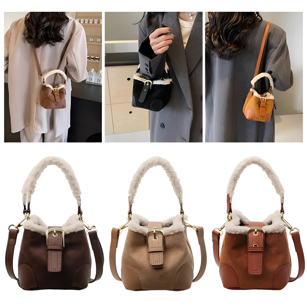 Women's retro plush PU crossbody bag in brown with single shoulder strap