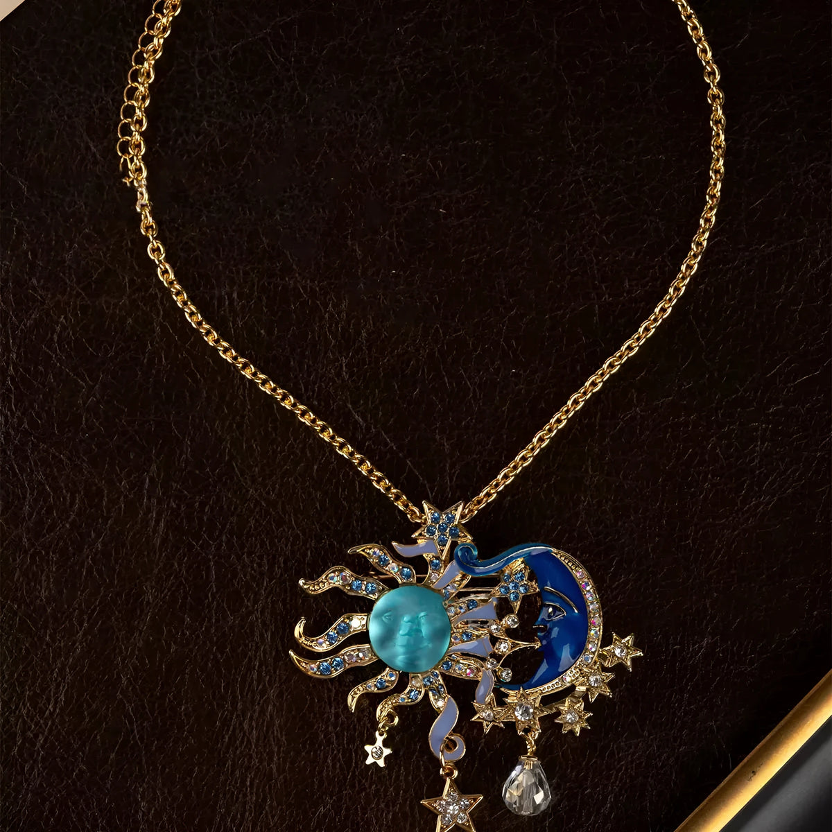 European antique Moen face sun moon pendant necklace with 925 silver brooch and adjustable alloy chain 51-60cm