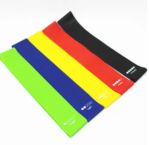 Set of five colour coded resistance bands 600x50mm with tension labels 10 to 50 pounds