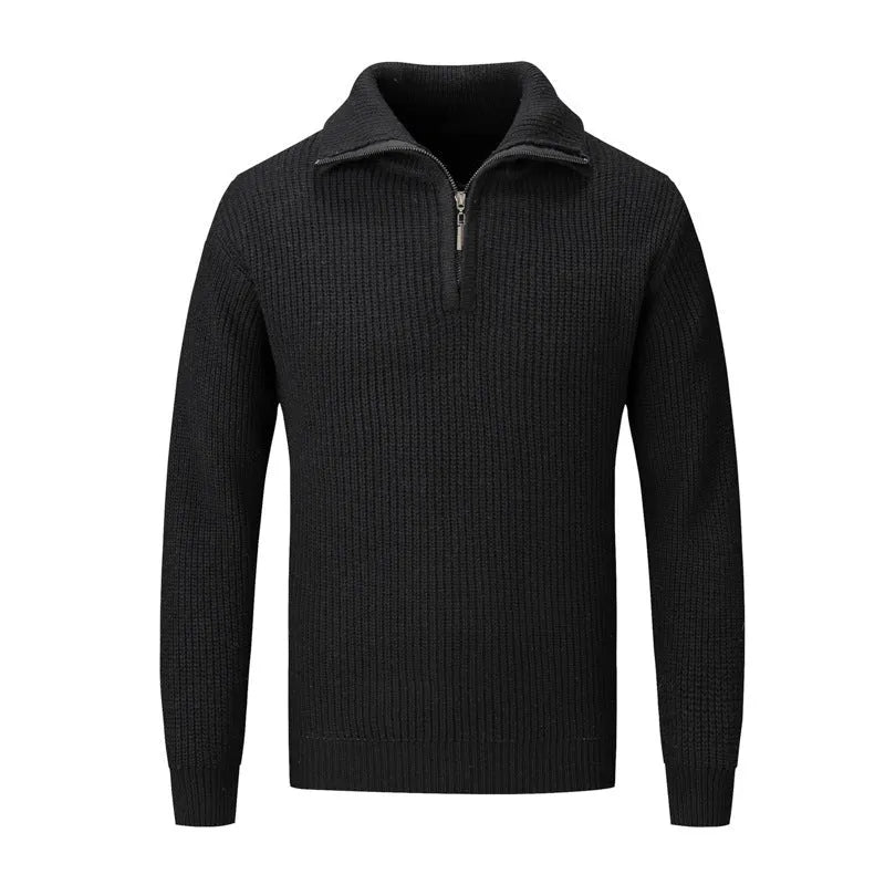 Men's solid colour loose fit slim pullover sweater on hanger showing black, camel, dark grey, and white/grey colour options