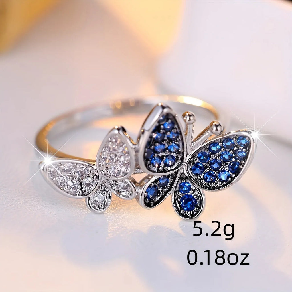 Blue and white butterfly ring for women in electroplated copper with wing design