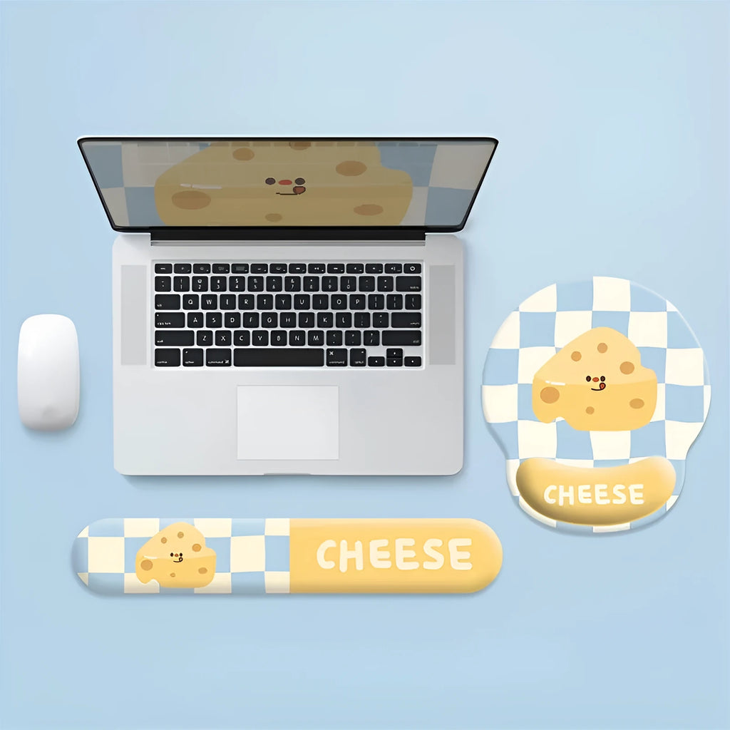 Cartoon cheese design mouse pad and keyboard wrist rest set with rubber base and milk silk fabric surface
