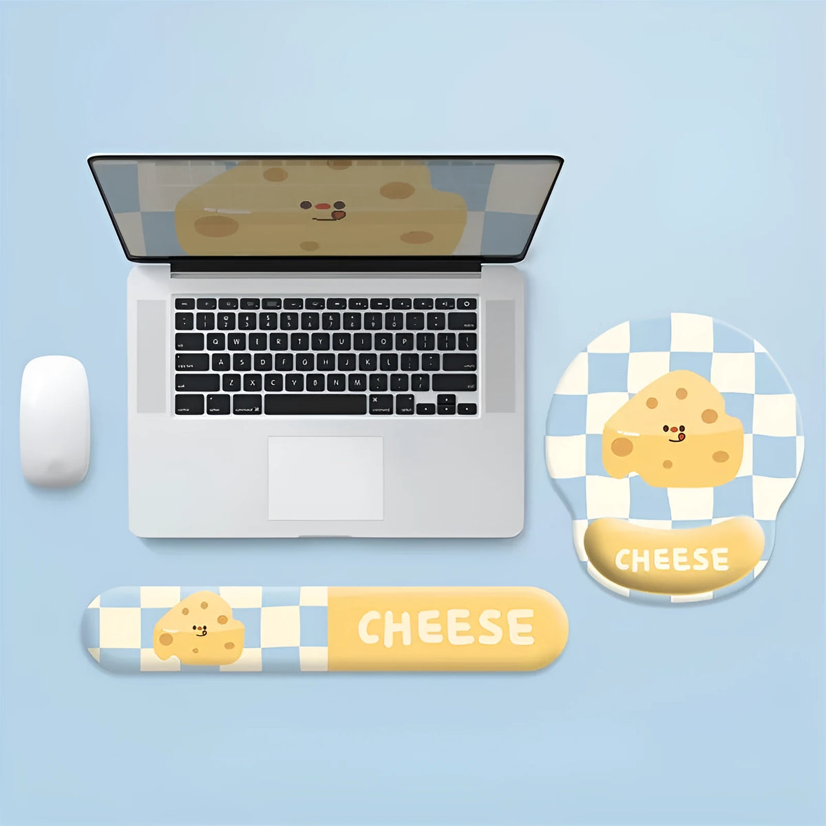 Cartoon cheese design mouse pad and keyboard wrist rest set with rubber base and milk silk fabric surface