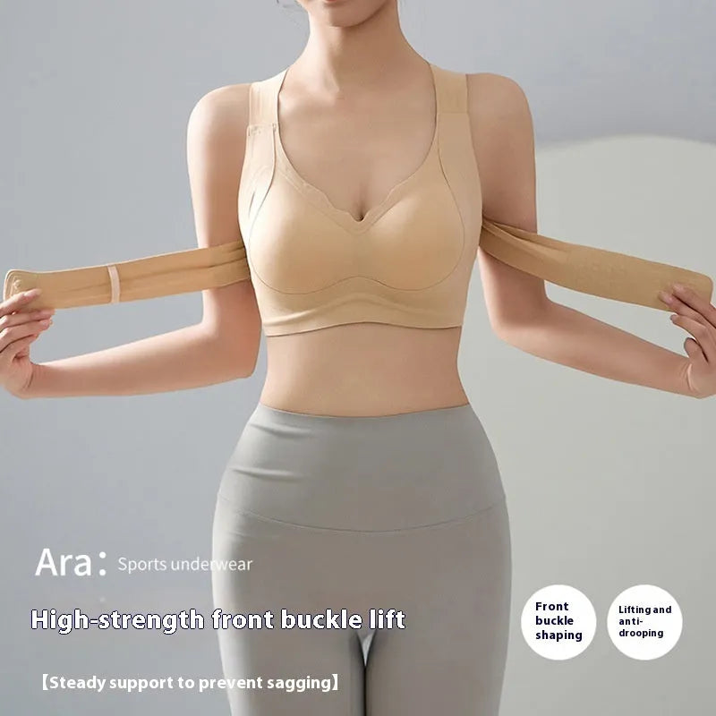 Women's front buckle yoga shaping bra in three colours with fixed double straps and 3/4 cup design