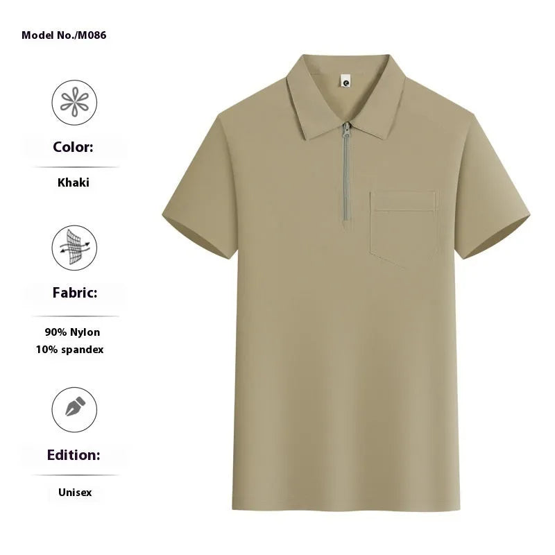 Short sleeve nylon shirt with multiple zippered pockets on the lapel, shown in silver grey.
