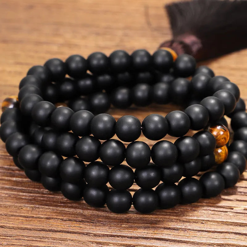 Tiger's eye stone beaded bracelet and necklace set with 108 beads and drop-shaped pendant