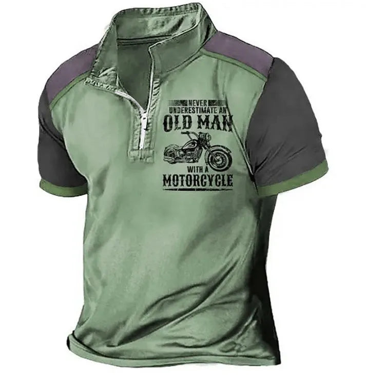 Men's casual lapel polo shirt with digital letter print and zipper decoration detail on sleeve.