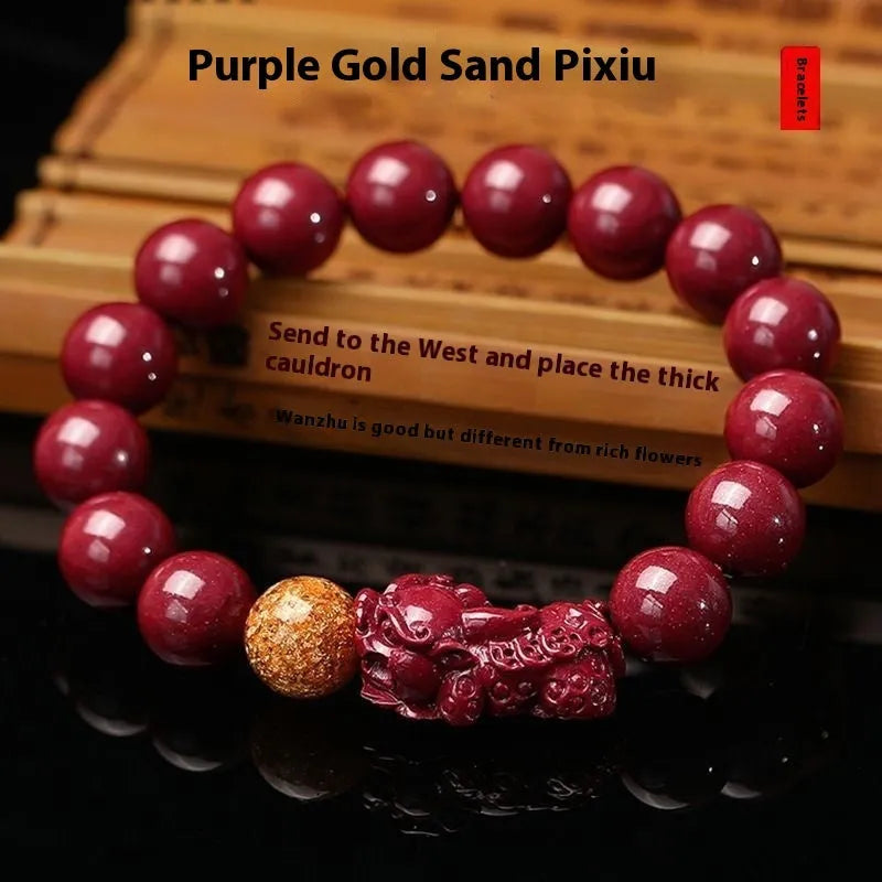 Purple gold sandstone cinnabar bracelet with totem engraving showing polished beads in three size options