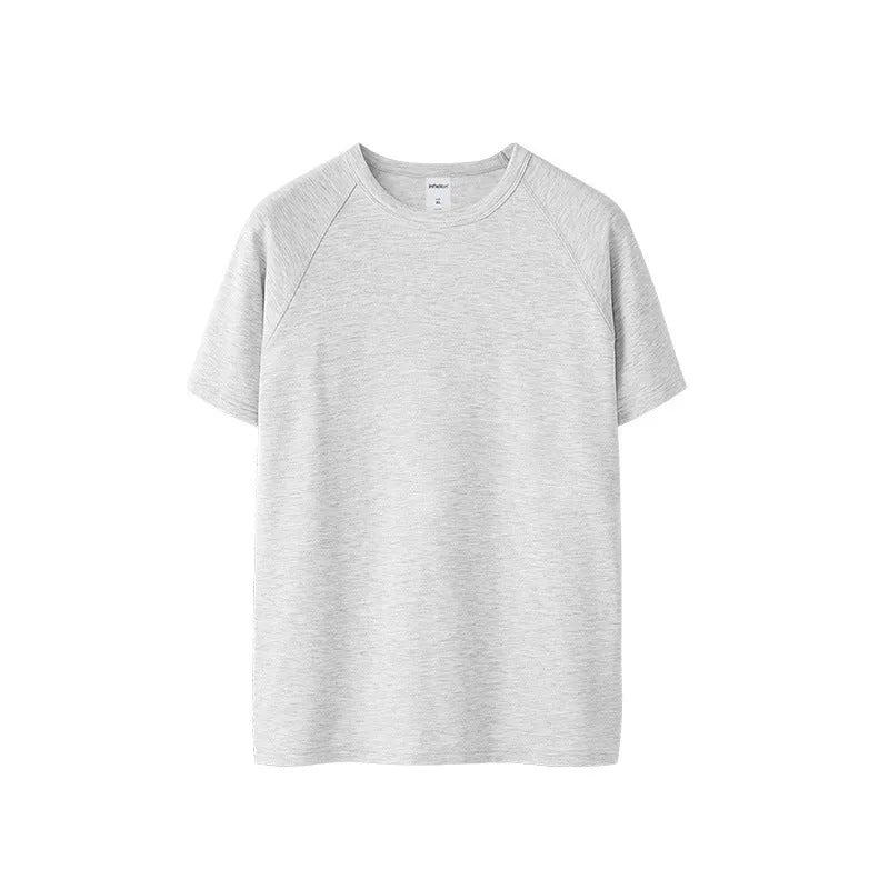 Navy slim fit stretch t-shirt shown in vest and short sleeve styles for men and women.
