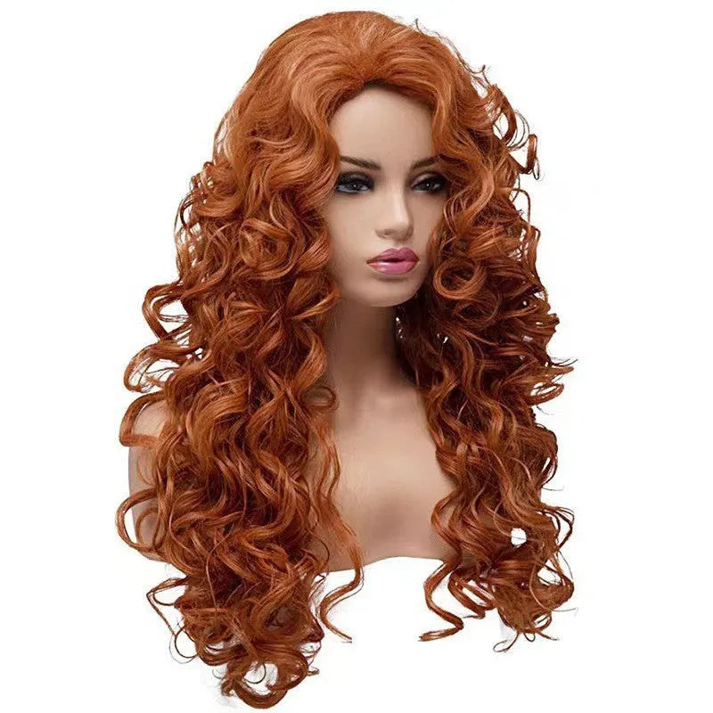 Long brown curly wig with red streaks and fluffy instant noodles texture for Halloween cosplay.