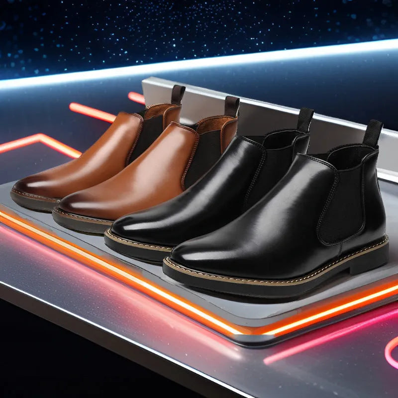 Men's plus size British style leather boots with square heel, solid colour, and rubber sole in black finish
