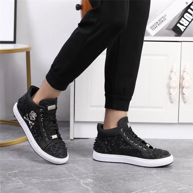 Men's black genuine leather high top skeleton shoes with lacing closure and rubber sole