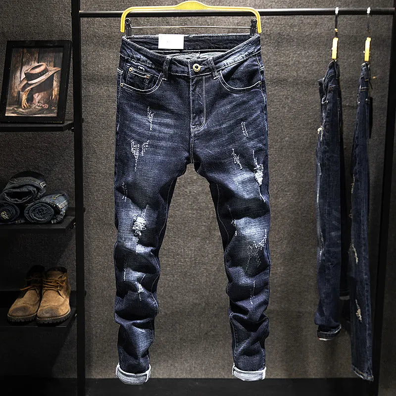 Men's slim-fitting skinny jeans in dark blue denim with micro elasticity and mid waist design