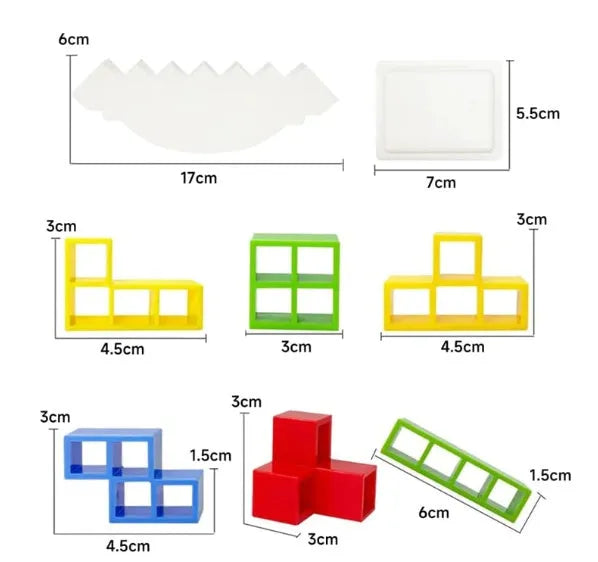 Plastic balance stacking game with 16 colourful blocks on chassis base for kids age 3+