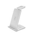 Black and white 3-in-1 foldable wireless charging station for iPhone, Samsung phone, AirPods, and Apple Watch.