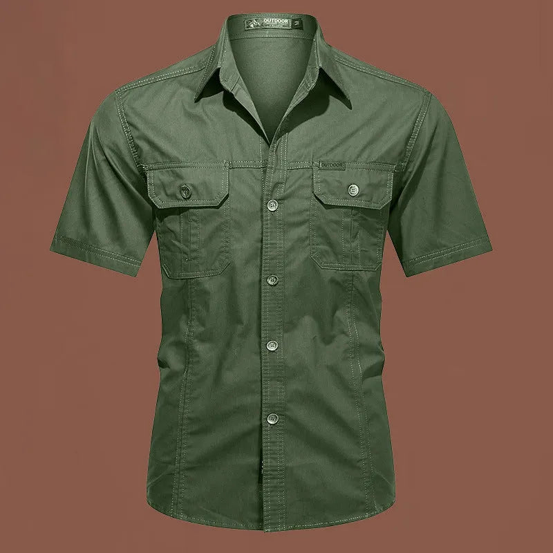 Men's loose-fitting short sleeve cotton work shirt in army green, shown in a cardigan style.
