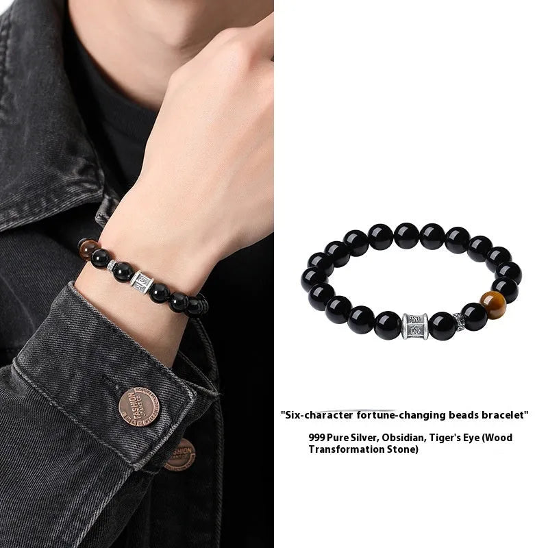 Black obsidian and pure silver prayer wheel bracelet for men with hand-woven construction