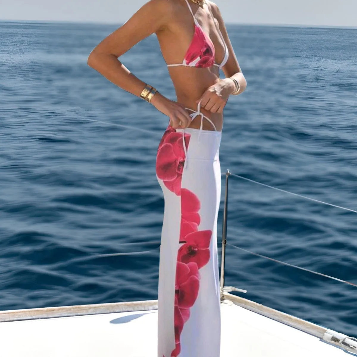 White printed bandage skirt bikini swimsuit for women three-piece set polyester fibre