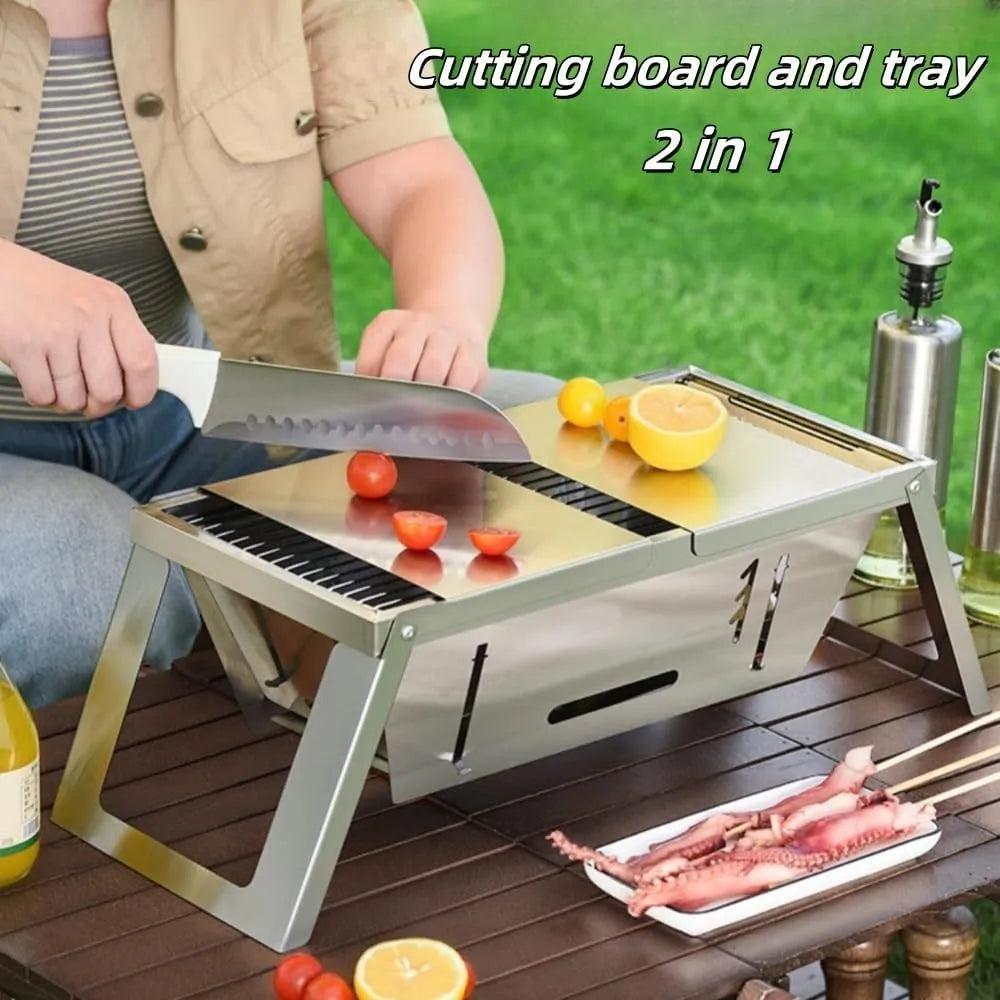 Small foldable portable charcoal grill for outdoor cooking