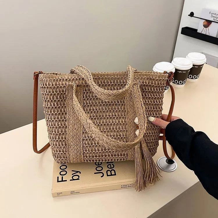 Women's straw woven crossbody shoulder bag in milky white or khaki colour with large capacity