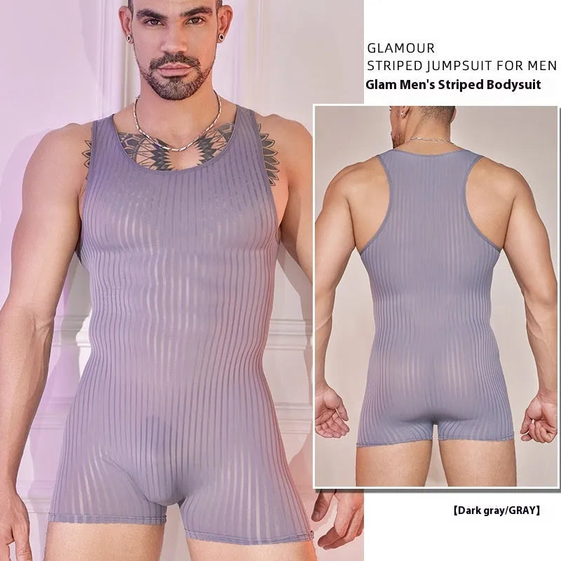 Men's striped jumpsuit in lightweight nylon fabric with vertical bar pattern