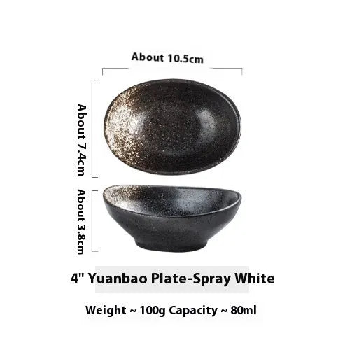 Oval-shaped Japanese ceramic sauce dipping bowl with an underglaze decorative pattern.