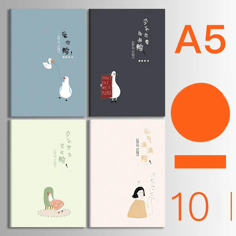 Pack of ten thread-bound A5 and B5 softcover notebooks showing multiple design styles including kraft paper and illustrated covers.