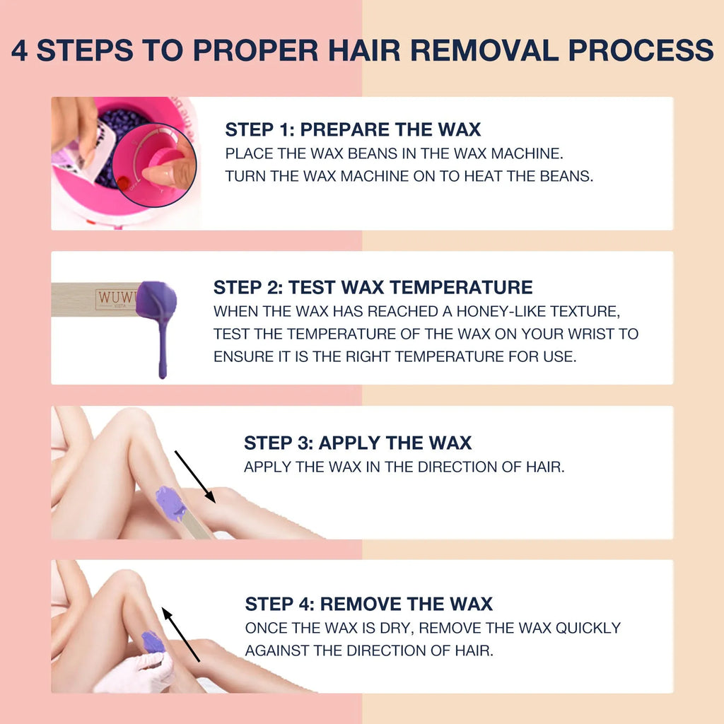 27-piece hair removal waxing kit with four coloured wax beads, wax warmer, sticks, and guidebook