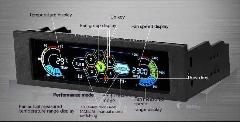 Black computer case temperature controller with 5.8-inch touch screen display for optical drive bay installation