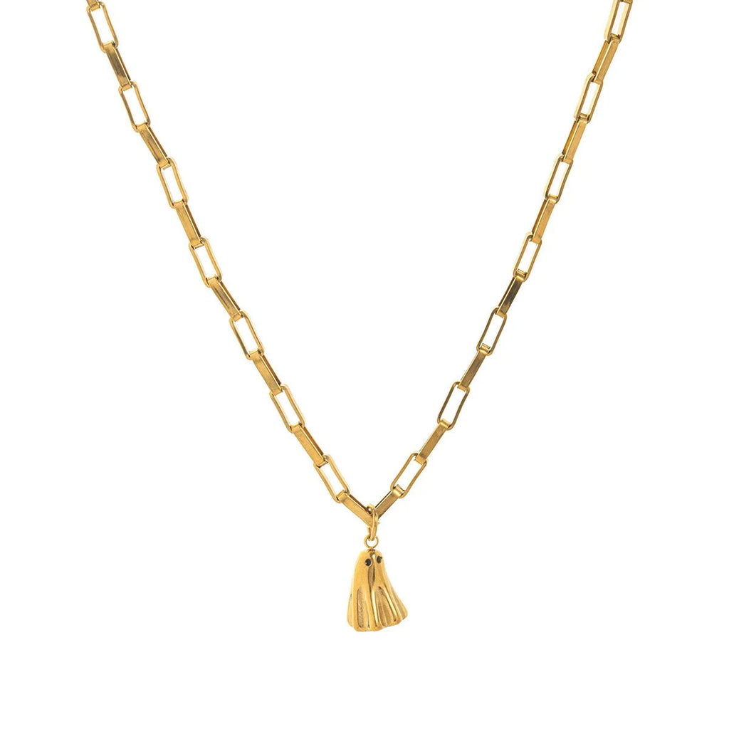 Ghost pendant necklace on a twisted stainless steel chain, shown in Cable, Figaro, and Mini Staple style options.